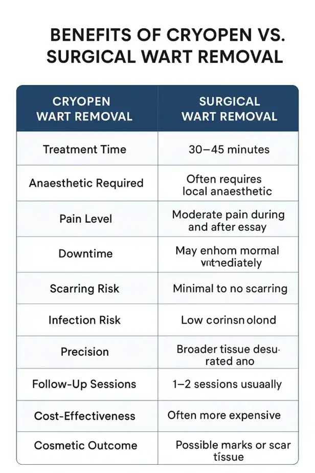 Table showing the benefits of cryopen to remove warts Higham Ferrers compared to surgical treatment